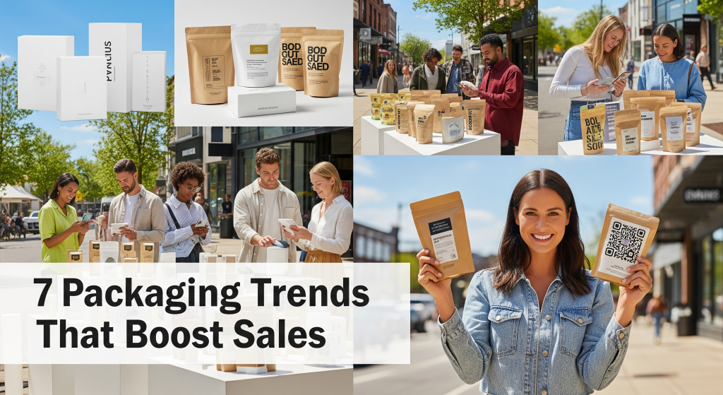 Outdoor marketplace scene showing consumers comparing different packaging designs including minimalist, sustainable, and smart packaging trends with text overlay reading 7 Packaging Trends That Boost Sales"