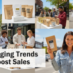 Outdoor marketplace scene showing consumers comparing different packaging designs including minimalist, sustainable, and smart packaging trends with text overlay reading 7 Packaging Trends That Boost Sales"