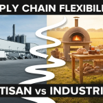 Comparison of industrial food production facility and small artisan food business showing supply chain flexibility differences