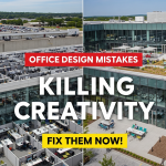 Office design mistakes comparison showing traditional cubicle workspace versus modern creative office environment with outdoor corporate campus background - thumbnail for workplace creativity improvement guide