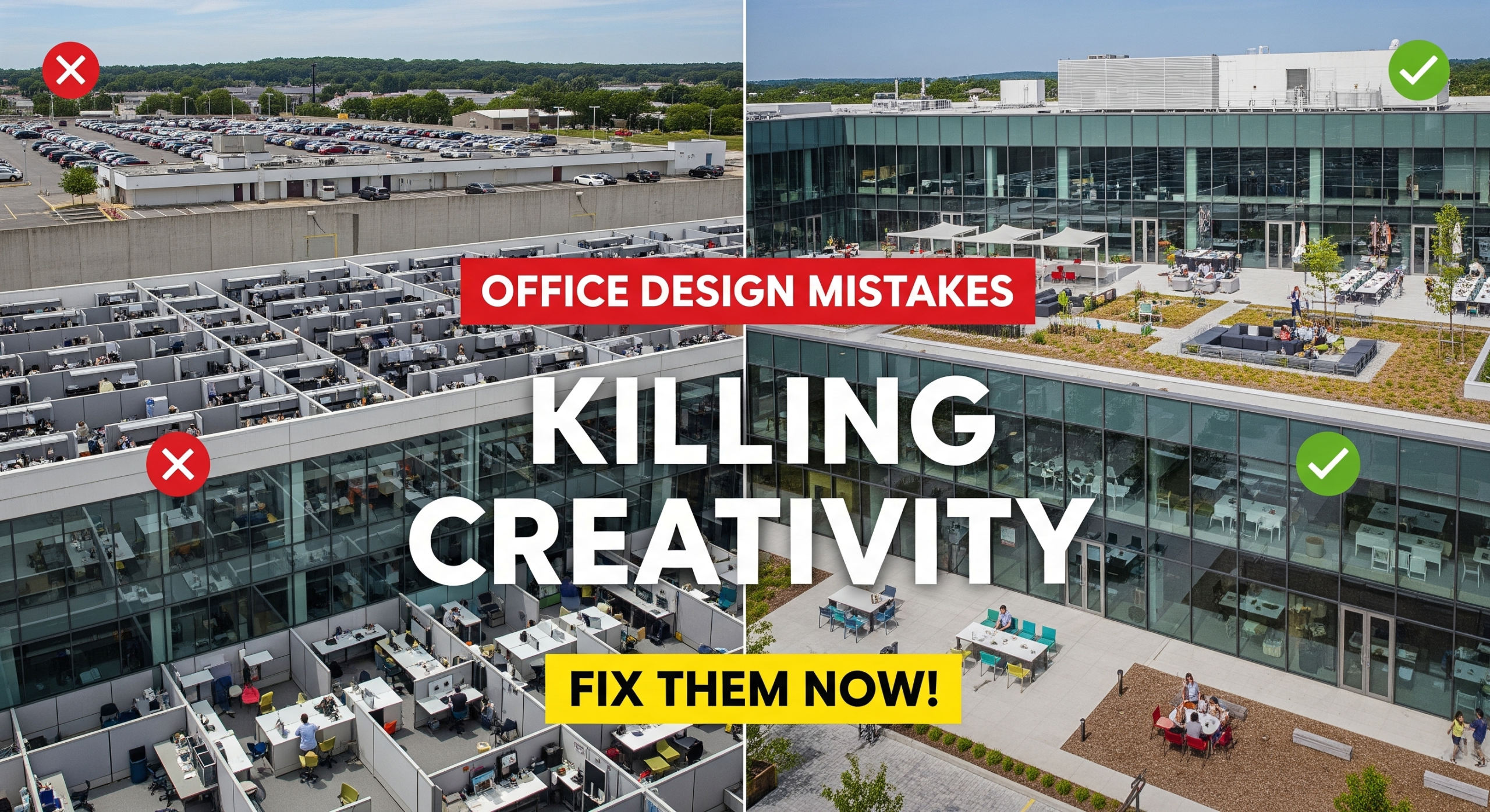 Office design mistakes comparison showing traditional cubicle workspace versus modern creative office environment with outdoor corporate campus background - thumbnail for workplace creativity improvement guide