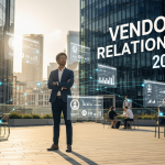 Professional managing vendor relationships in modern gig economy with digital interfaces and urban business environment background - comprehensive guide to vendor relationship building strategies