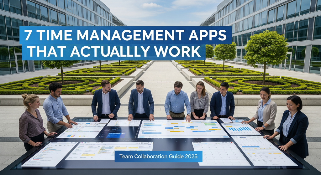 Team of professionals collaborating with time management apps on outdoor digital displays - 7 time management apps guide for team productivity
