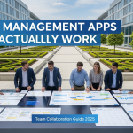 Team of professionals collaborating with time management apps on outdoor digital displays - 7 time management apps guide for team productivity