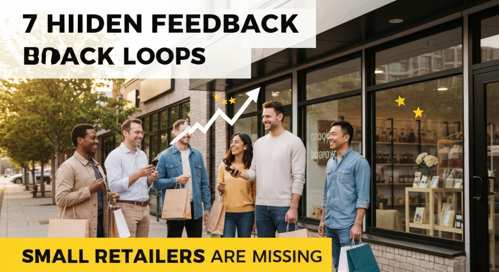Happy customers leaving positive feedback outside small retail store - customer feedback loops for small business success