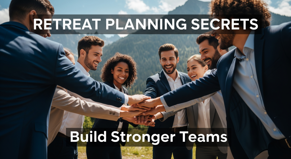 Corporate team building strong bonds during outdoor company retreat with mountain landscape background - retreat planning guide