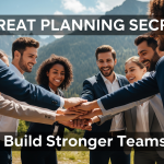 Corporate team building strong bonds during outdoor company retreat with mountain landscape background - retreat planning guide