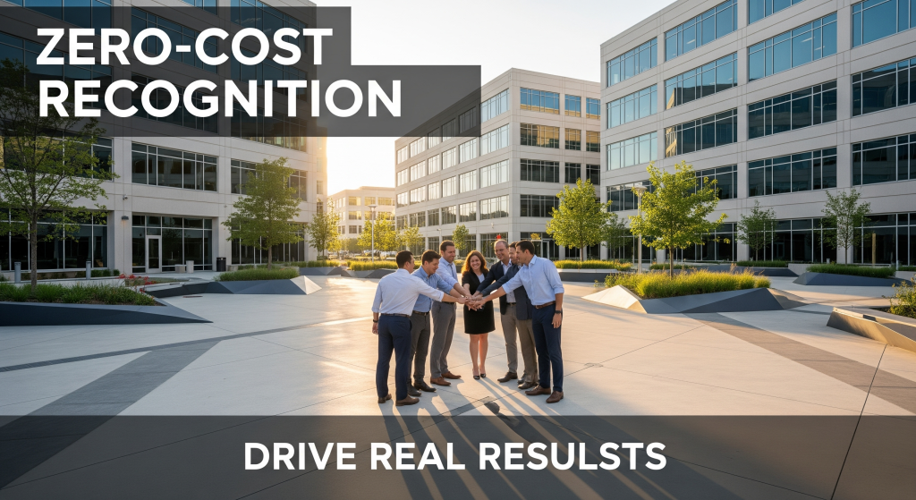 Diverse business team joining hands in outdoor corporate plaza demonstrating zero-cost employee recognition strategies and teamwork collaboration