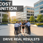 Diverse business team joining hands in outdoor corporate plaza demonstrating zero-cost employee recognition strategies and teamwork collaboration