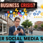 Family business owner managing social media crisis outside storefront with storm clouds of negative social media icons transforming into positive engagement symbols