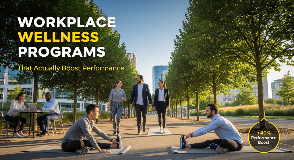 Diverse employees participating in outdoor workplace wellness activities including yoga, walking meetings, and flexible work arrangements in urban park setting with office buildings in background - demonstrating effective corporate wellness programs that boost performance