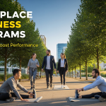 Diverse employees participating in outdoor workplace wellness activities including yoga, walking meetings, and flexible work arrangements in urban park setting with office buildings in background - demonstrating effective corporate wellness programs that boost performance