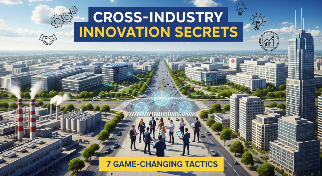 Cross-industry innovation tactics illustration showing four business sectors converging with professionals collaborating in outdoor plaza setting