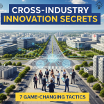 Cross-industry innovation tactics illustration showing four business sectors converging with professionals collaborating in outdoor plaza setting