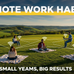 Remote work habits for small teams - professionals working outdoors with laptops in field setting representing team collaboration and productivity
