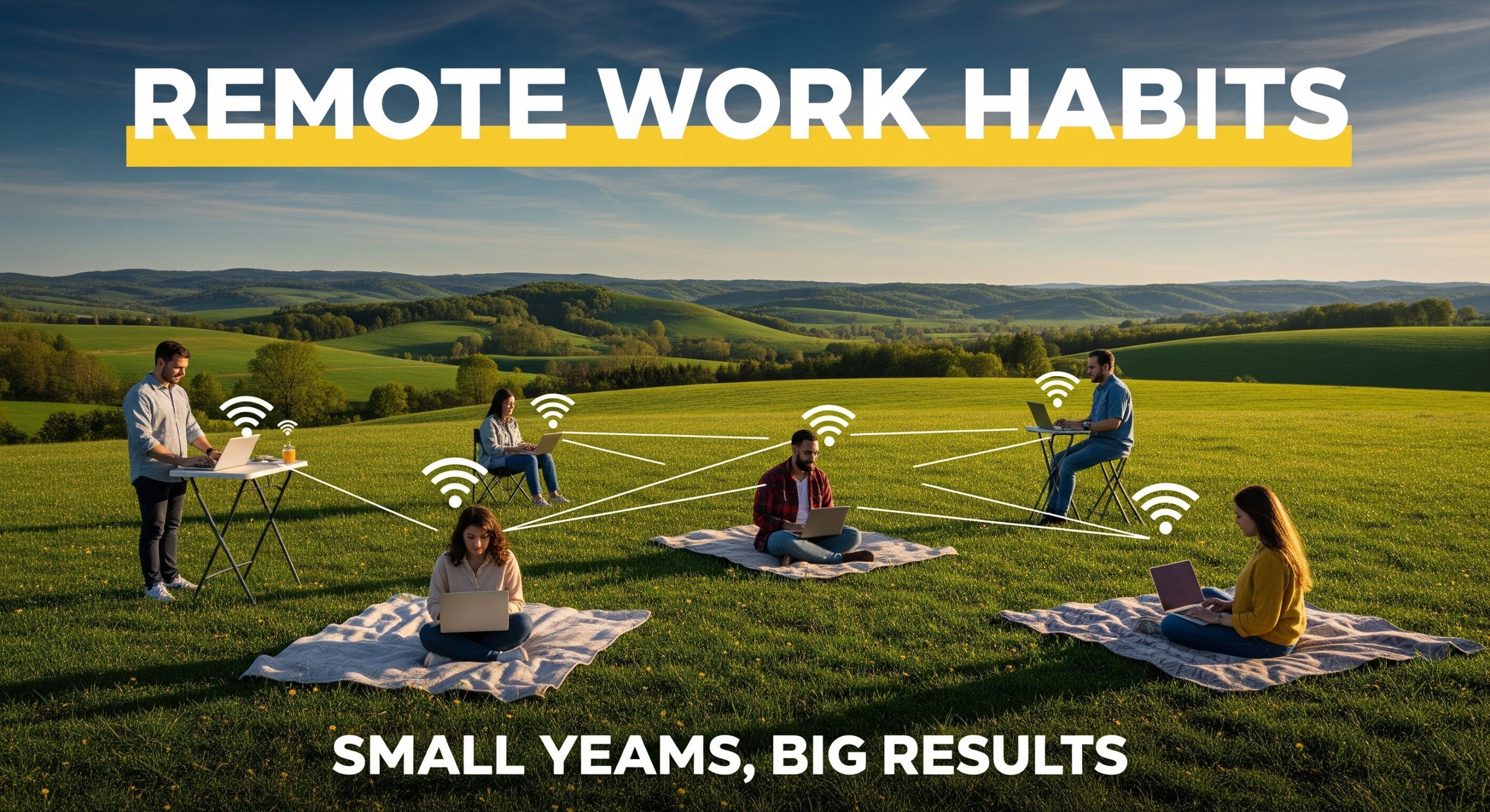 Remote work habits for small teams - professionals working outdoors with laptops in field setting representing team collaboration and productivity